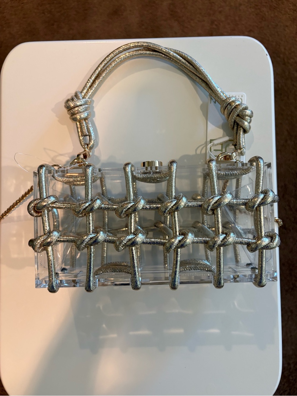 Clear Acrylic Top Handle with Knotted Metallic Gold Strap - Women's Bag NWT